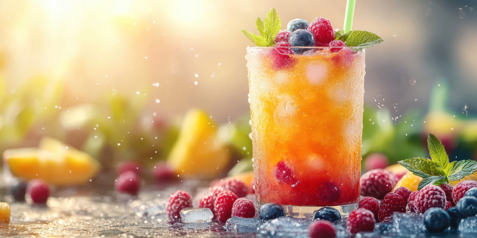 Refreshing fruit cocktail with colorful berries and ice on a sunny afternoon table setting